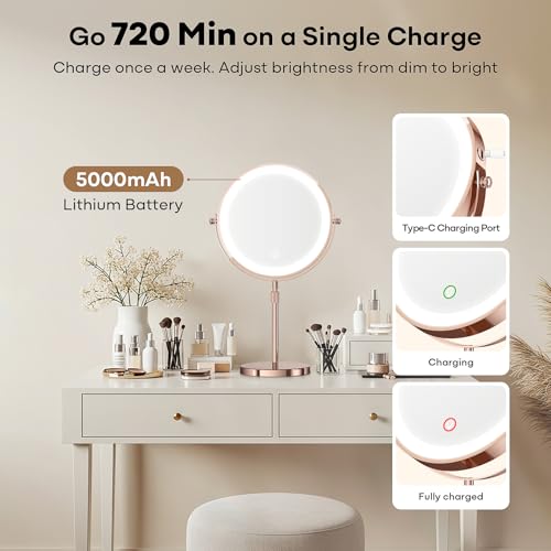 Rose Gold Lighted Makeup Mirror with 1X/30X Magnification, Dimmable LEDs, 360° Rotation, Rechargeable Battery