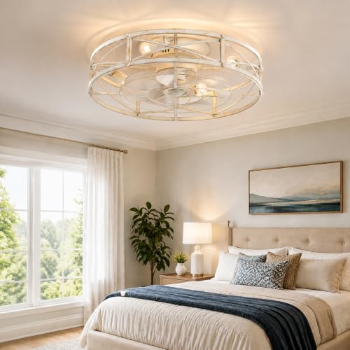 20-Inch White Gold Industrial Caged Ceiling Fan with Light & Remote - Farmhouse Style