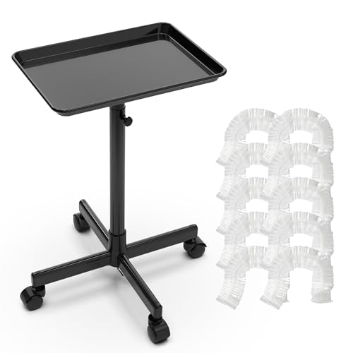 TASALON Rolling Salon Cart, Mobile Styling Station with Wheels Aluminum Rolling Tray Trolley for Salon Essentials, Adjustable Height or Hairstylist Tray with 10 PCS Disposable Salon Tray Cover