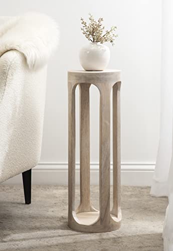 Kate and Laurel Whitewash 8x23 Inch Coastal Wooden Round Drink Table - Boho Accent Pedestal