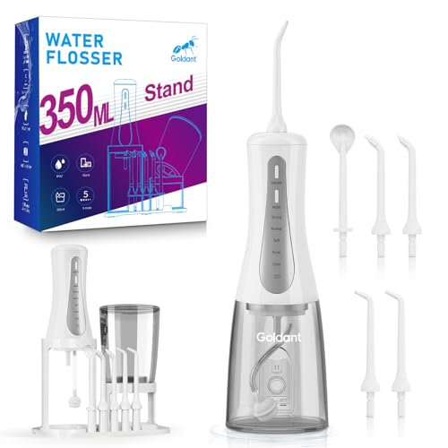GOLDANT White 350ML Water Flosser with Stand, 5 Modes, Rechargeable & Waterproof