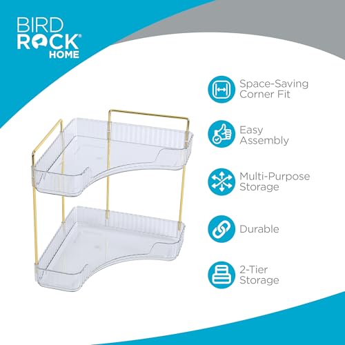 Corner Cosmetic Organizer with Clear Shelves & Gold Hardware - 2-Tier Vanity Storage