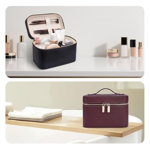 Makeup Case for Women, Leather Makeup Bag Cosmetic Case with Removable Divider, Large Capacity Waterproof Portable Travel Toiletry Make up Organizer Case