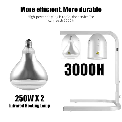 Food Heat Lamp with 2 x 250W Bulbs - Silver, Adjustable Stand, 5000+ Hours
