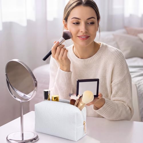White Seersucker Cosmetic Bags Set of 6 - Striped Zippered Travel & Makeup Pouches - Sanwuta