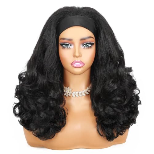 Quantum Love 16 Inch Black Curly Headband Wig for Black Women - Glueless Synthetic Half Wig