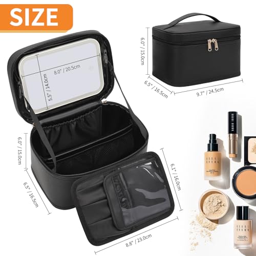 Travel Makeup Bag with LED Mirror - Detachable Brush Storage, Black 001
