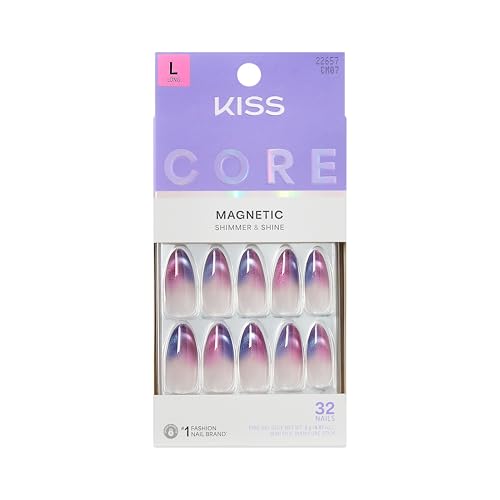KISS CORE Magnetic Press On Nails Almond, Twinkling Stars, Purple, Long, 32 Count