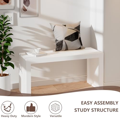 White Bamboo Entryway Bench 35.4-Inch Wooden Shoe Storage Seating - Rustic Farmhouse Style