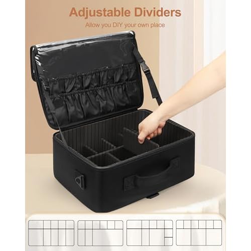 Relavel Large Makeup Bag with 3 Removable Pouches, Travel Train Case Cosmetic Organizer Carrying Box for Makeup Artists Hairstylist with Adjustable Dividers, Brush Holder and Shoulder Strap, Black
