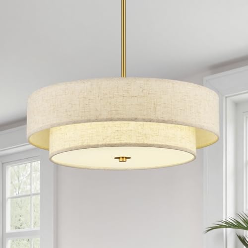 Modern Drum Chandelier - 18 Inch Linen Pendant Light with Brushed Gold Finish - 4-Light