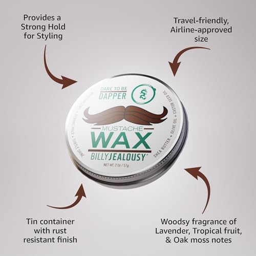 Billy Jealousy Bulletproof Strong Hold Mustache Wax, Conditioning Travel-Friendly Styling Product with Woodsy Lavender, Tropical Fruit, and Oak Moss Scent, 2 Oz