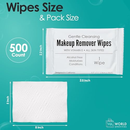 World Amenities - Makeup Remover Wipes - Alcohol Free - Vitamin E Face Wipes for Sensitive Skin Comfort - Individually Wrapped - Travel Friendly Facial Cleansing Wipes - 500 Count