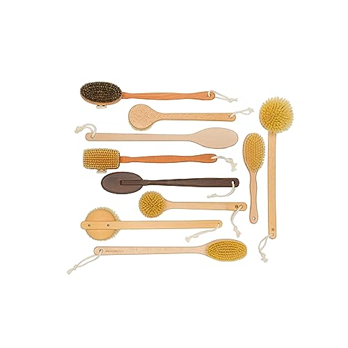 REDECKER Beechwood Bath and Shower Brush - Boar Bristle Back Brush Shower - 17-3/4 inch Handle for Hard-to-Reach Areas - Natural Pig Bristle Fibers Remove Dead Skin - Long Handled Bristle Shower Brush