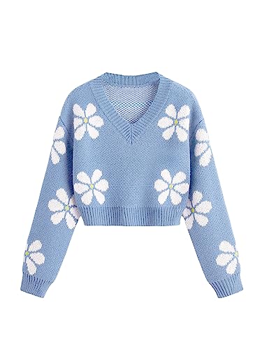 Girls' Floral Print V-Neck Cropped Sweater Jumper - 12 Years, Blue
