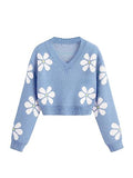 Girls' Floral Print V-Neck Cropped Sweater Jumper - 12 Years, Blue