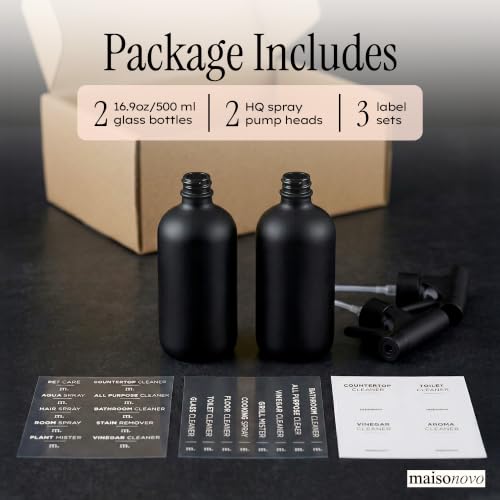 MaisoNovo Black Glass Hair Spray Bottle - 16.9 Oz, Pack of 2, Salon-Quality Styling