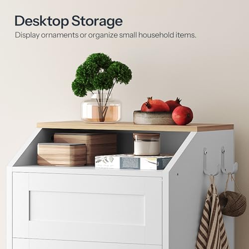White Freestanding Trash Cabinet with Flip Door - 10 Gallon Hidden Kitchen Garbage Can - YATINEY
