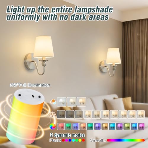 Nuanshued Nickel Battery-Operated Wall Sconces (2 Pack) with 1000mAh Dimmable LED Bulbs, Remote, 15 Colors
