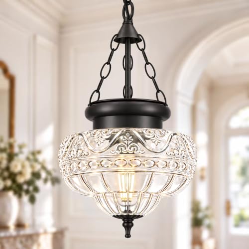 Vintage Matte Black Pendant Light Fixture with Thickened Pattern Glass - 9.5in, Adjustable Chain