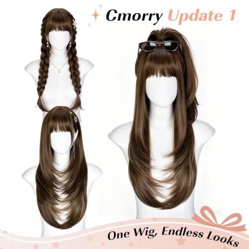 Brown Layered Wig with Bangs for Women - Realistic Scalp, Style Variations Blonde Highlight