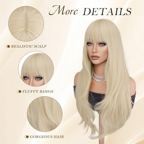 Haloo Platinum Blonde Wigs with Bangs - 26 Inch Long Wavy Synthetic Hair for Women