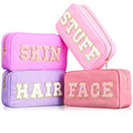 Classic 4-Pack Nylon Makeup Bags for Women - Mixed Color Cosmetic Organizer with Chenille Letter Patches