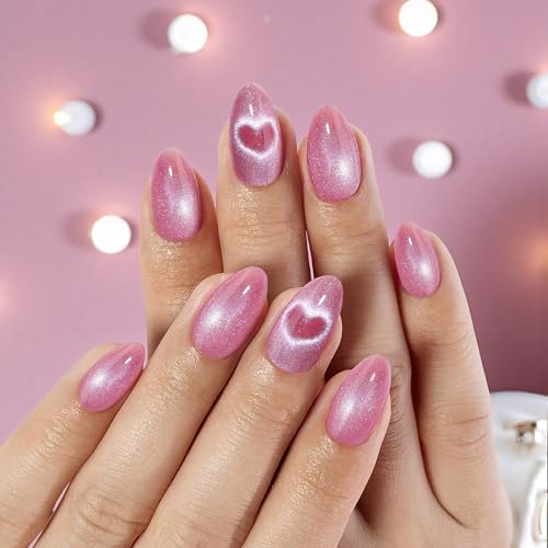 Press On Nails - Love Beam | Heart Cat Eye, UV Finish Almond Nails, Salon Quality | 32 Nails, 16 Sizes Kit with Glue and Adhesive Tabs I Female Founded - Beauty, Self Care