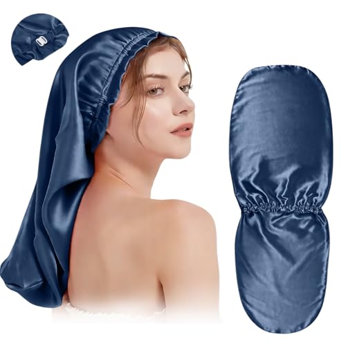 SereLune Mulberry Silk Adjustable Sleep Cap - Long Double Layer Bonnet for Hair, Blue