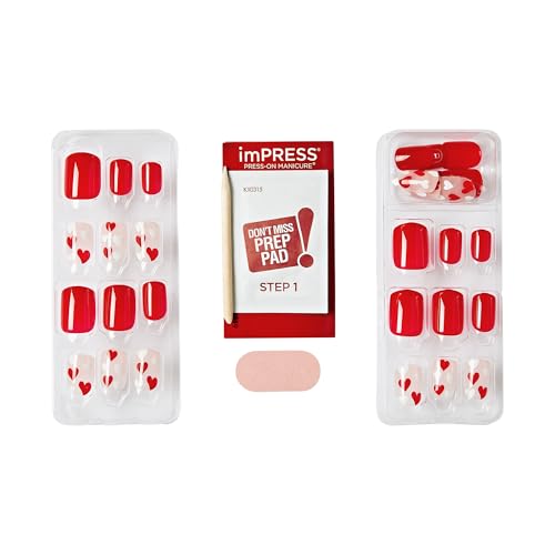 KISS imPRESS Valentine¡¯s Day Press On Nails, ¡®Full Heart¡¯, Red, Short Squoval, No Glue Needed, Up to 10-Day Superior Hold, Includes 30 Fake Nails, Prep Pad, Mini Nail File & Manicure Stick