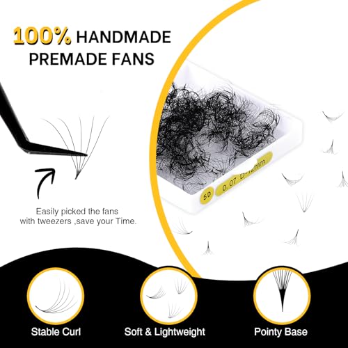 500 Premade Fans Lash Extension 10D 0.05 D Curl Promade Fans 12mm Premade Lash Fans for Eyelash Extension Middle Stem Handmade Loose Pre made Eyelash Fans Volume Soft Pointy Base (10D,0.05-D-12MM)