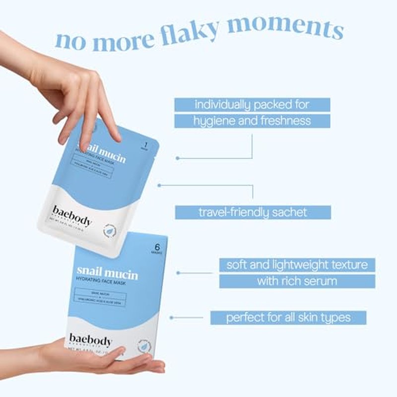 Baebody Snail Mucin Face Sheet Mask (6 pcs) - Anti Aging and Moisturizing Face Mask with Hyaluronic Acid - Deep Hydration for Youthful Skin