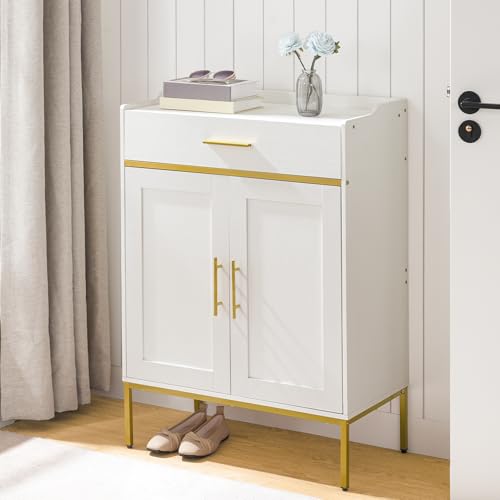 White and Gold 5-Tier Shoe Storage Cabinet with Drawers - Large Wooden Shoe Rack Organizer