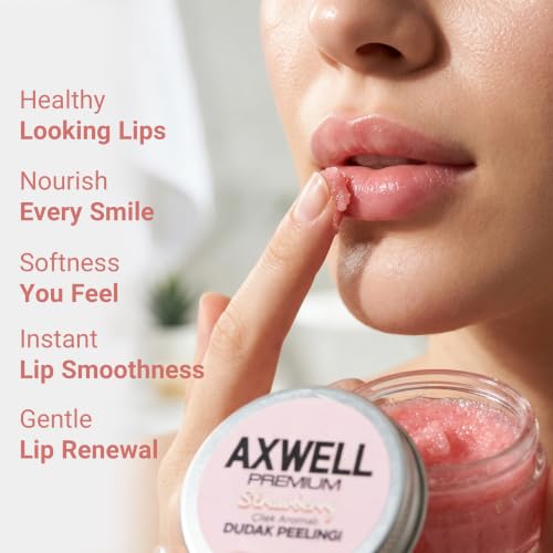 Axwell Lip Scrub for Dry Lips - Strawberry Exfoliant with Salt Crystals & Vitamin E, 1 fl oz