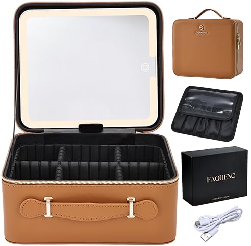 Faquenc ZS Brown Leather Makeup Bag with LED Lighted Mirror - Travel Cosmetic Organizer with Dividers