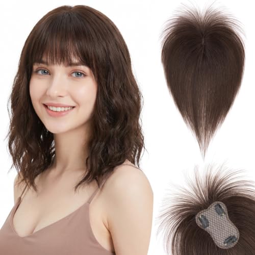 Human Hair Topper with Wispy Bangs for Women - 3.14x4.33 inch Clip-In Volume Enhancer Dark Brown #B-02