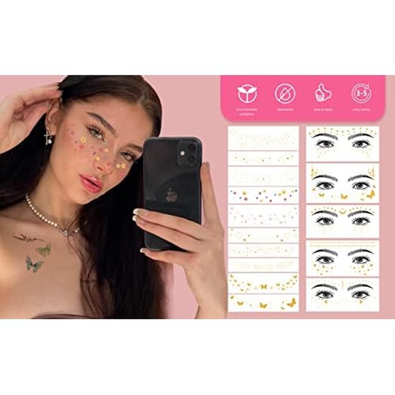 32 Sheets Face Temporary Tattoo, 20 sheets Glitter Metallic Freckle Tattoos, 12 PCS Butterflies Fake Tattoos Stickers for Festival Makeup Rave Accessories