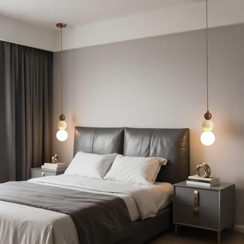 Natural Stone & Frosted Glass Spherical Pendant Light - Walnut Color, Indoor Hanging Lamp for Kitchen & Dining