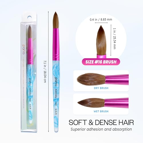 PANA Pure Kolinsky Nail Brush Size 16 - Round Shape Pink Ferrule & White Swirl Blue Handle