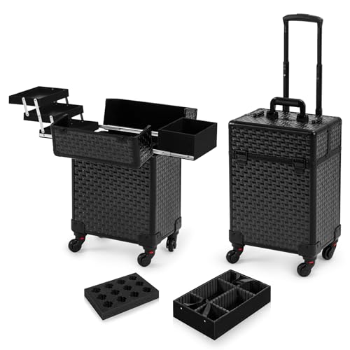 Arous Black Rolling Makeup Case on Wheels, Professional Cosmetology Storage