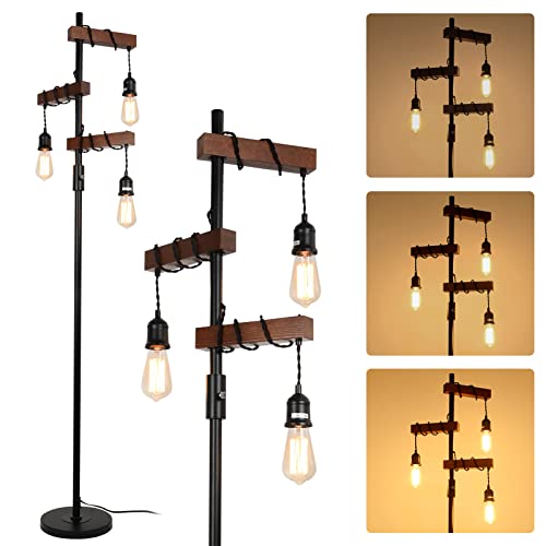Dimmable Farmhouse Tree Floor Lamp - 68 Inch Wood & Metal Standing Lamp with 3 Lights
