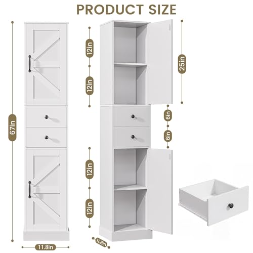 Tall Narrow Bathroom Storage Cabinet with 2 Doors & Drawers - White 11.8" W