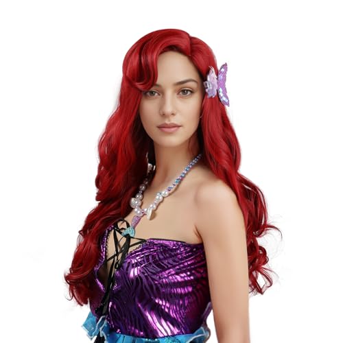 Red Wavy Mermaid Wig for Women - Long Curly Halloween Costume Accessory