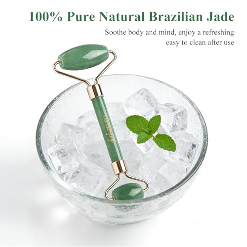 Smooth Face Roller - 100% Natural Brazilian Dongling Jade Massager for Puffy Eyes - Quiet Integrated Frame - Beauty Tool with Gift Packaging
