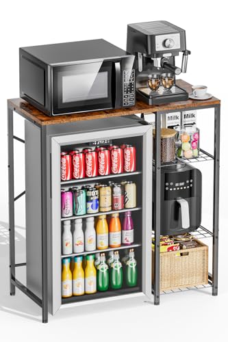 Mini Fridge Stand with Storage Shelves - Black & Rustic Brown 3-Tier Microwave Rack for Dorm Apartment Kitchen Office