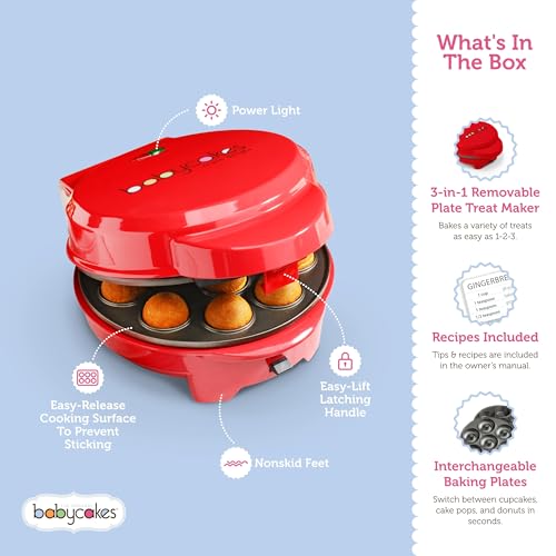 Babycakes 3-in-1 Cake Pop Cupcake & Donut Maker with Removable Nonstick Plates
