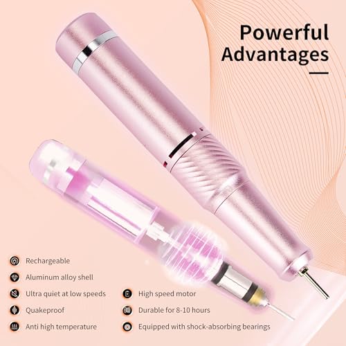 Cordless Electric Nail Drill Professional, Rechargeable Nail File Machine for Acrylic Nails & Gel Polish, Portable Manicure & Salon Nail Kit for Home Use (Pink)