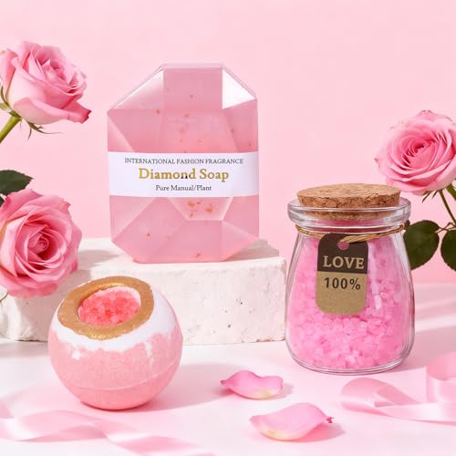 Spa Gift Basket with Bath Essentials- Pink Rose Relaxation Kit Set, Birthday Spa Items Box for Women, Wife, Mom, Sister, Mom, Her, Friends