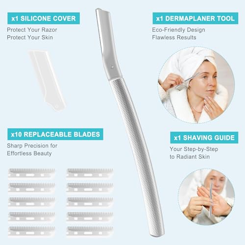 Dermaplane Razor for Women Face, Suitable for Facial Peach Fuzz, Eyebrows, Exfoliation, and Men Shaving, Equipped with 10 Replaceable Blades, Silver