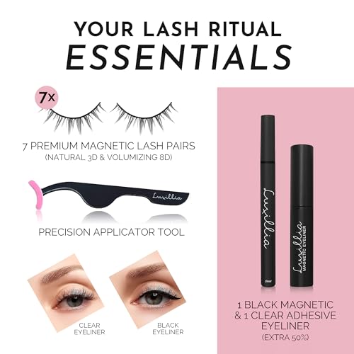 Luxillia 10-Piece Clear & Black Magnetic Eyelashes with Applicator & Magnetic Eyeliner Kit ? Reusable Natural Magnetic Lashes ? Easy Apply Lash Kit for Beginners ? Waterproof Dramatic Looks